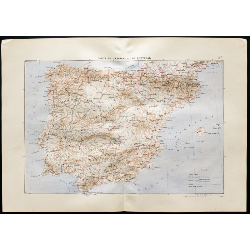 Gravure de 1880 - Carte de l'Espagne et du Portugal - 1