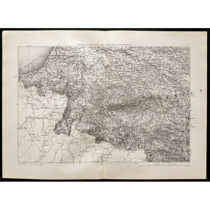 Gravure de 1880 - carte du théatre d'opération des Pyrenées occidentales - 1