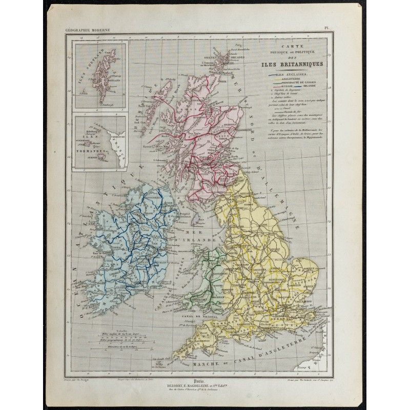 Gravure de 1857 - Carte des îles britanniques - 1