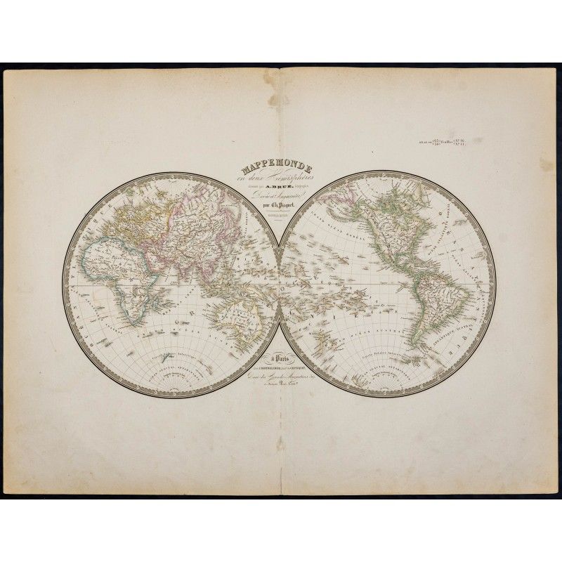 Gravure de 1869 - Mappemonde en deux hémisphères - 1