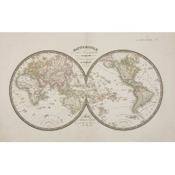 Gravure de 1869 - Mappemonde en deux hémisphères - 2