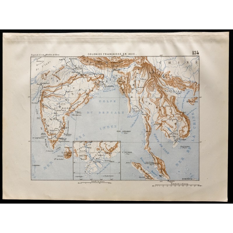 Gravure de 1880 - Carte des colonies françaises en Asie - 1