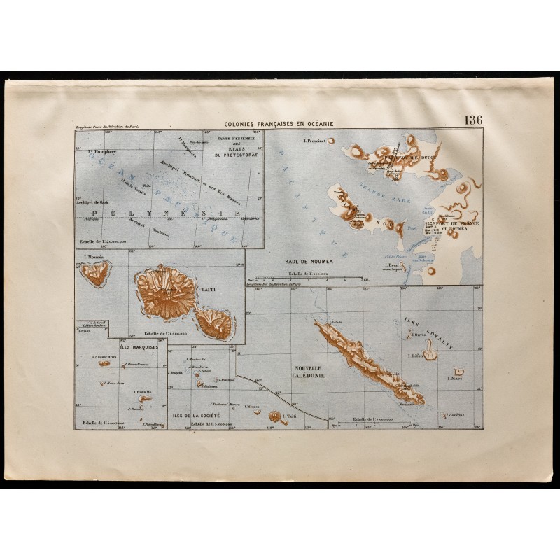 Gravure de 1880 - Carte des colonies françaises en Océanie - 1