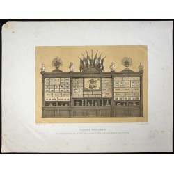 Gravure de 1873 - Vitrine principale des objets présentés - 1