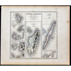 Gravure de 1877 - Carte des colonies françaises d'Afrique - 1
