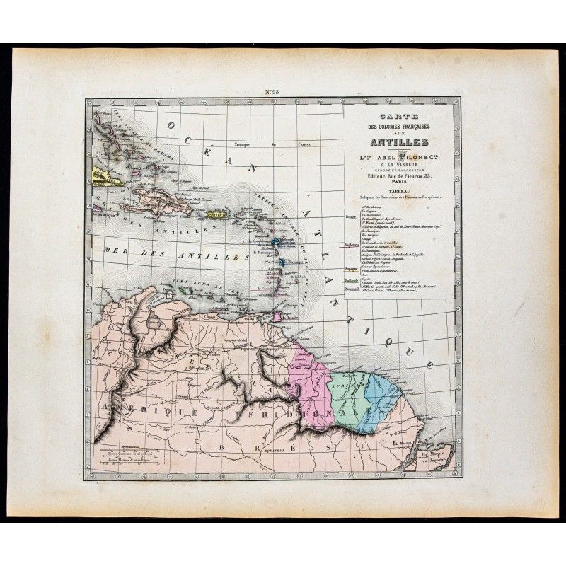 Gravure de 1877 - Carte des colonies françaises aux Antilles - 1