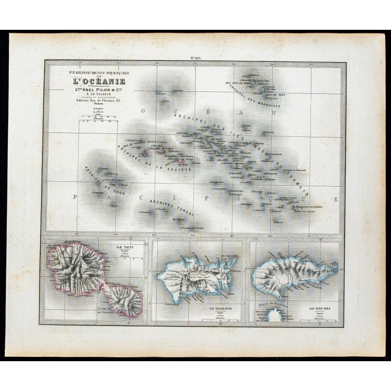 Gravure de 1877 - Carte de la Polynésie française - 1