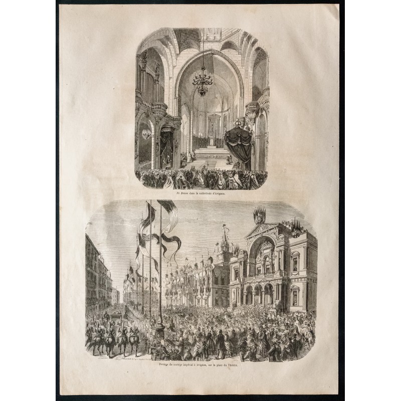 Gravure de 1860 - Avignon - Cathédrale et cortège impérial - 1