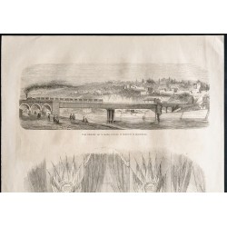 Gravure de 1860 - Lyon & Mâcon - Pont tubulaire sur la Saône - 2