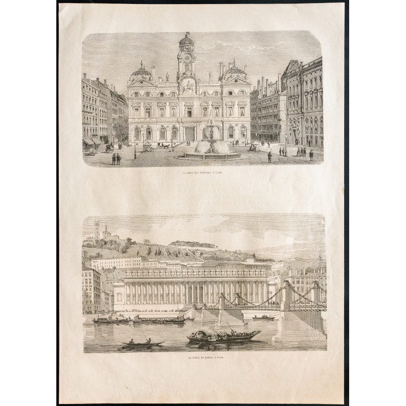 Gravure de 1860 - Lyon - Place des Terreaux & Palais de Justice - 1