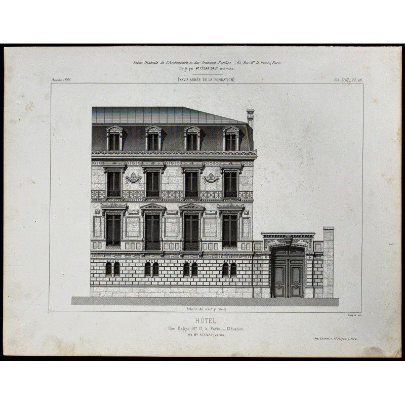 Gravure de 1865 - Hôtel rue Balzac à Paris - 1