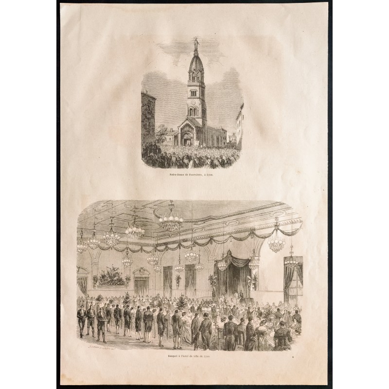 Gravure de 1860 - Lyon - Notre-Dame de Fourvière & Hôtel de Ville - 1