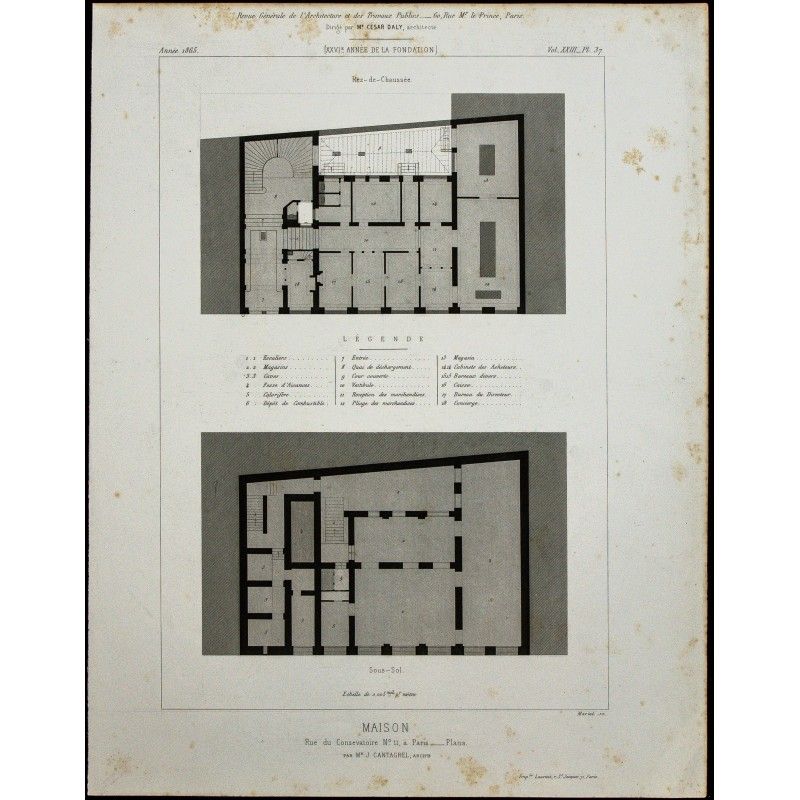 Gravure de 1865 - Plans du 11 rue du conservatoire à Paris - 1