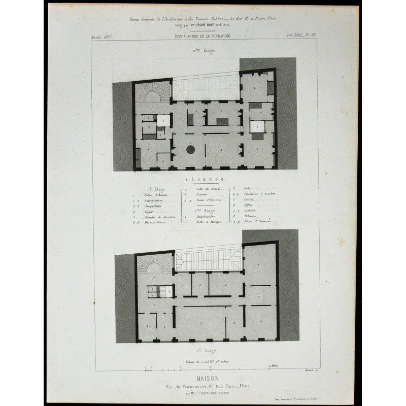 Gravure de 1865 - Plans du 11 rue du conservatoire à Paris - 1