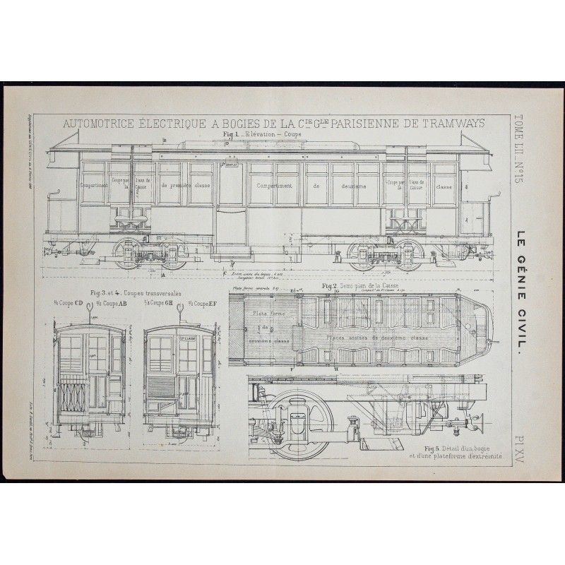 Gravure de 1908 - Plan d'un automotrice électrique - 1