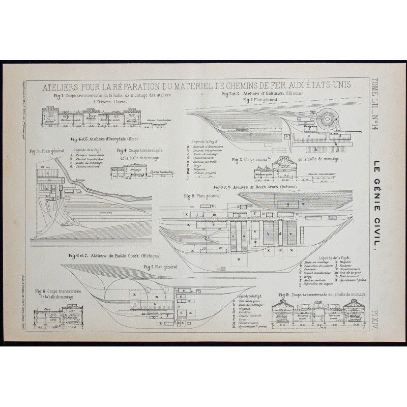 Gravure de 1908 - Ateliers de réparation de chemins de fer aux États-Unis - 1