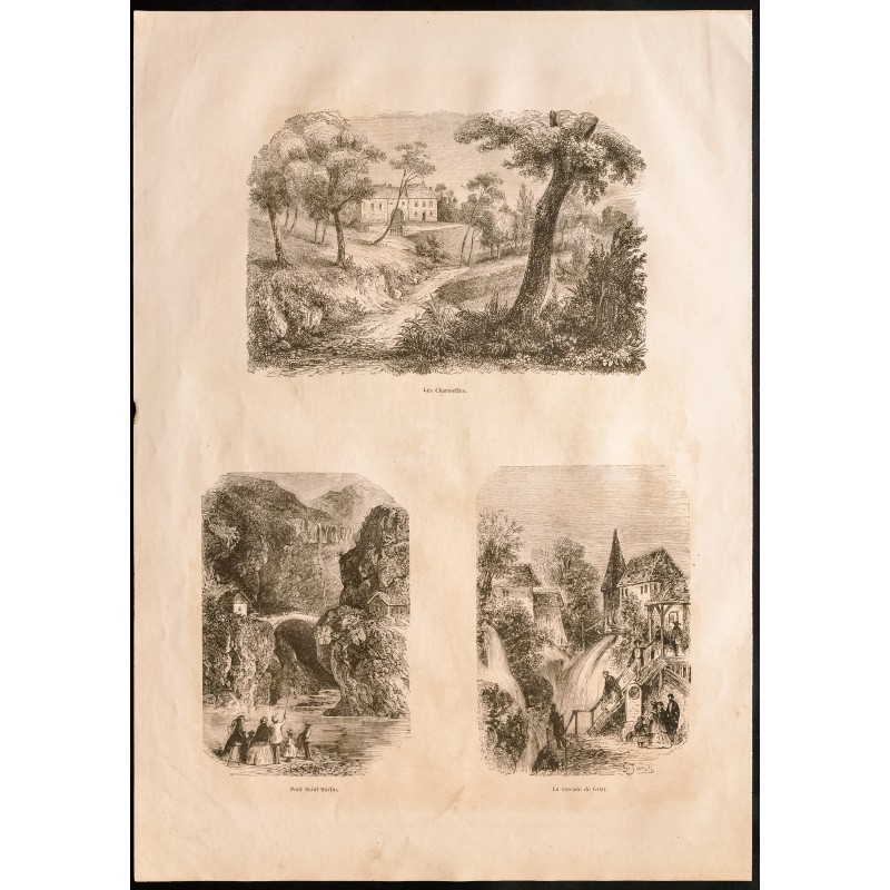 Gravure de 1860 - Charmettes & Pont St Martin & Cascade Grizy - 1