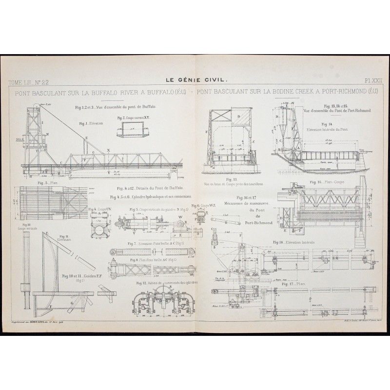 Gravure de 1908 - Ponts basculants à levage vertical - 1