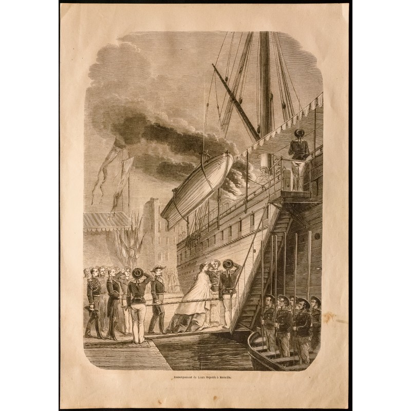 Gravure de 1860 - Marseille - Embarquement sur un bateau - 1