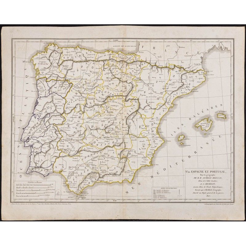 Gravure de 1827 - Carte de l'Espagne et du Portugal - 1