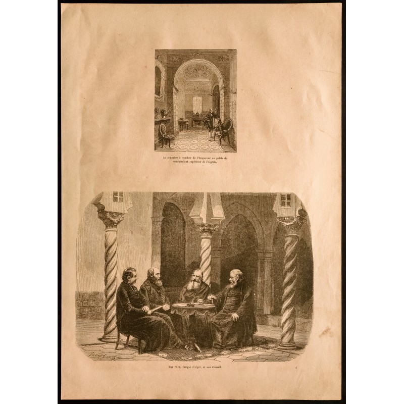 Gravure de 1860 - Algérie - Chambre à coucher & Évêque d'Alger - 1