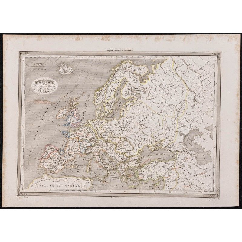 Gravure de 1840 - Carte de l'Europe (400-500) - 1