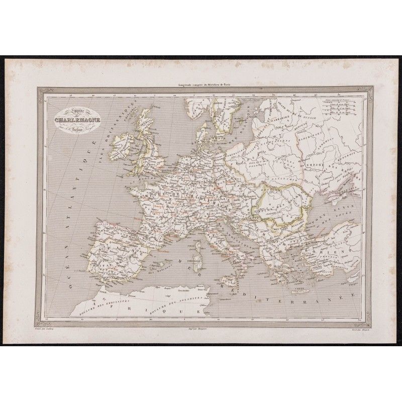 Gravure de 1840 - Carte géographique de l'Empire de Charlemagne - 1