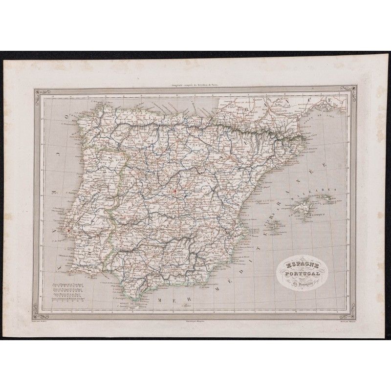 Gravure de 1840 - Carte de l'Espagne et Portugal - 1
