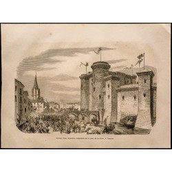 Gravure de 1860 - Tarascon - Château place du roi Réné - 1