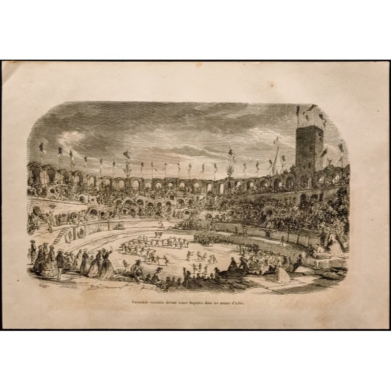 Gravure de 1860 - Arènes d'Arles - Farandole - 1