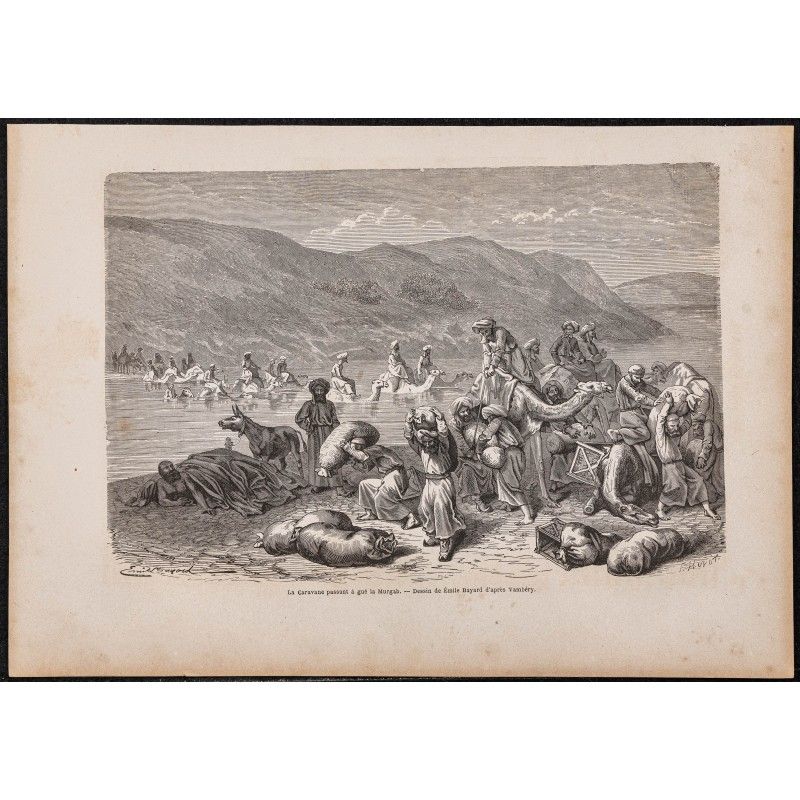 Gravure de 1865 - Caravane passant à gué le Murghab - 1
