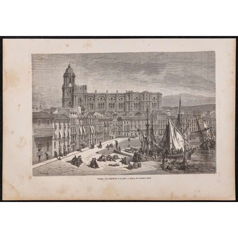 Gravure de 1865 - Malaga (Cathédrale et port) - 1