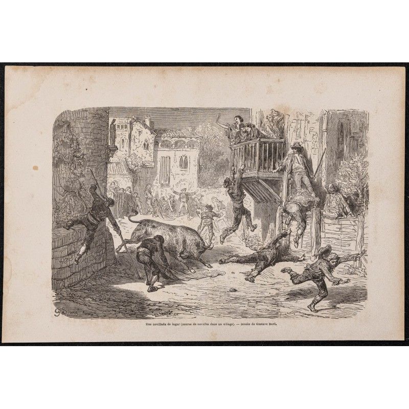 Gravure de 1865 - Course et lâcher de taureau - 1