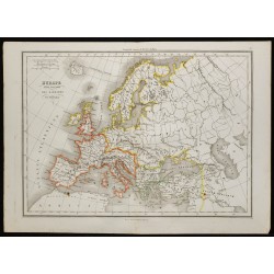 Gravure de 1850 - Carte de l'Europe et Royaumes des Barbares - 1