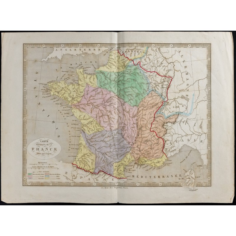 Gravure de 1845 - Carte phyique de la France - 1