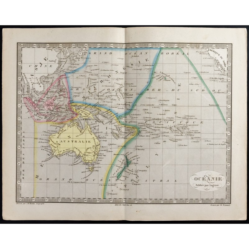 Gravure de 1845 - Carte de l'Océanie & Australie - 1