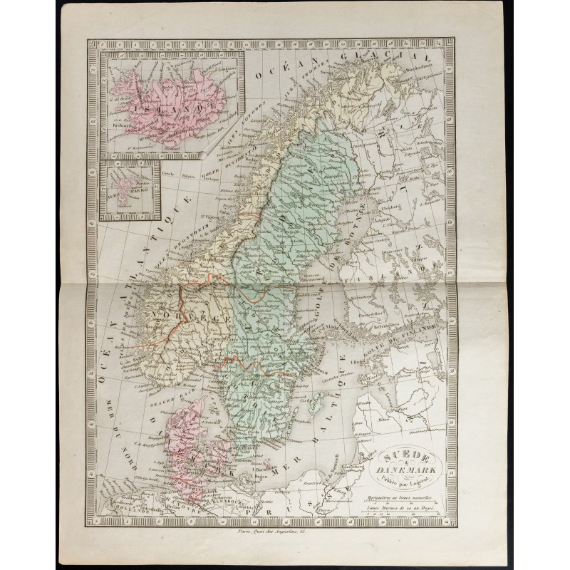 Gravure de 1845 - Carte de la Suède et Danemark - 1