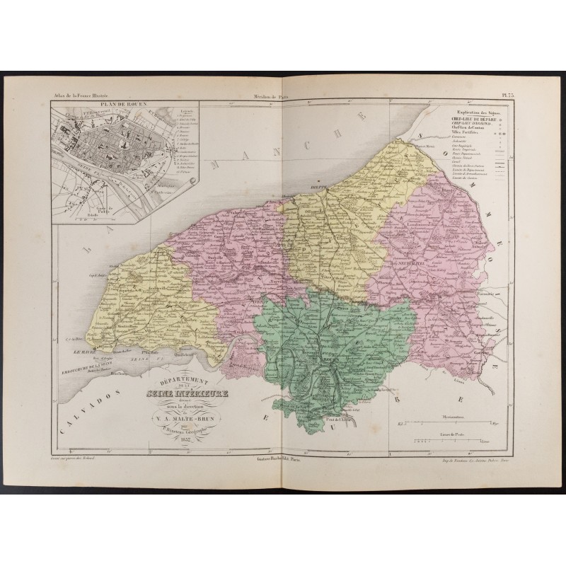 Gravure de 1855 - Carte du département de la Seine Maritime (Inférieure) - 1