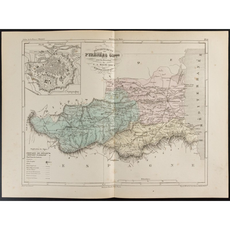 Gravure de 1855 - Carte du département des Pyrénées Orientales - 1