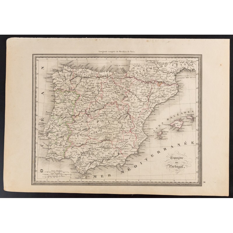 Gravure de 1840 - Carte d'Espagne et du Portugal - 1