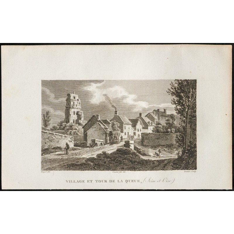 Gravure de 1829 - Village et tour de la Queue - 1