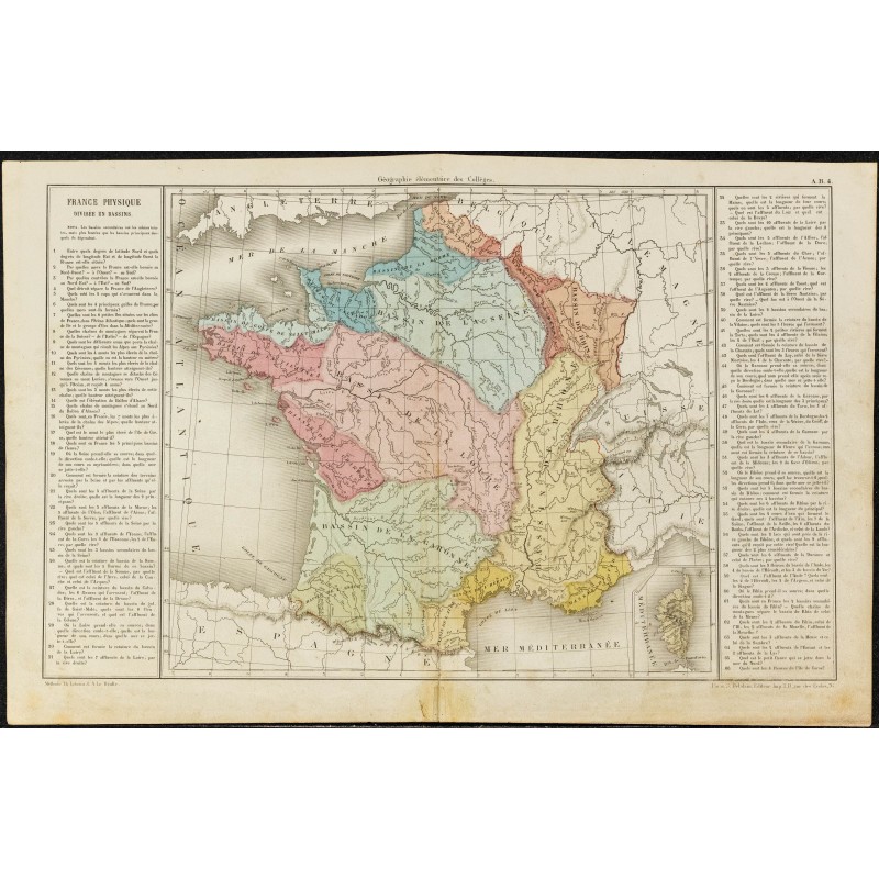 Gravure de 1860ca - Carte de France physique - 1