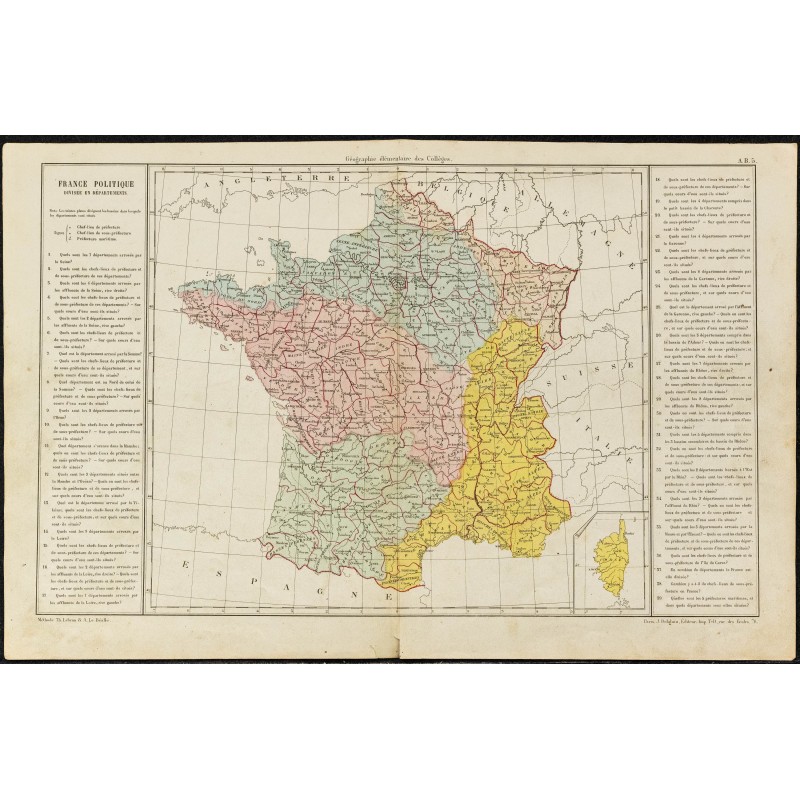 Gravure de 1860ca - Carte de France (politique, départements) - 1