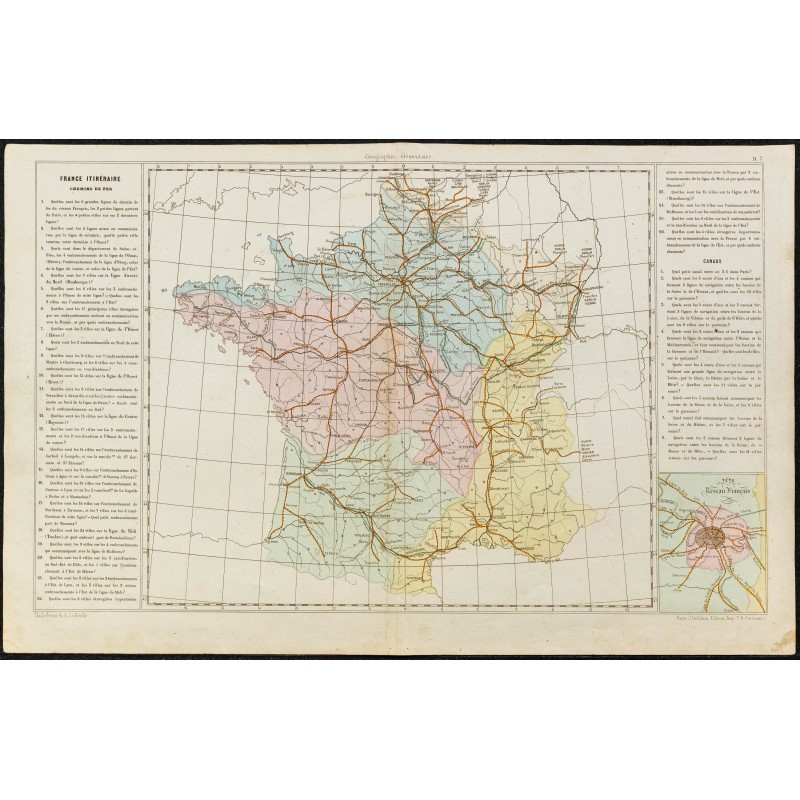 Gravure de 1860ca - Carte de France itinéraire (chemins de fer) - 1