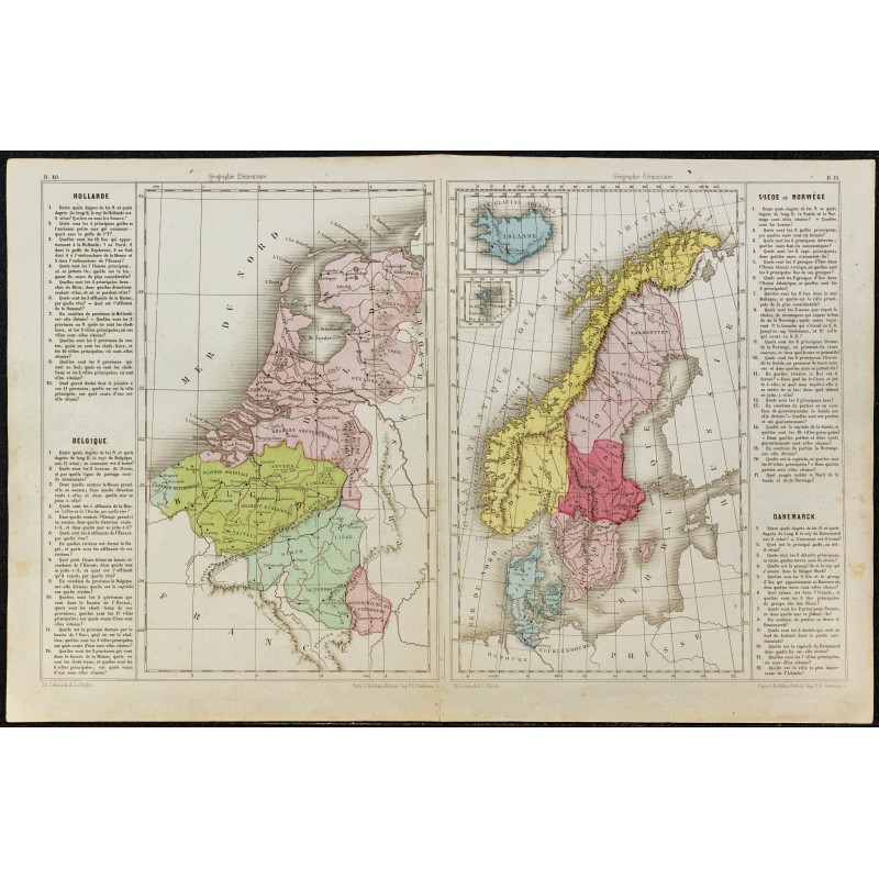 Gravure de 1860ca - Carte de Hollande, Belgique, Suède, Norvège et Danemark - 1