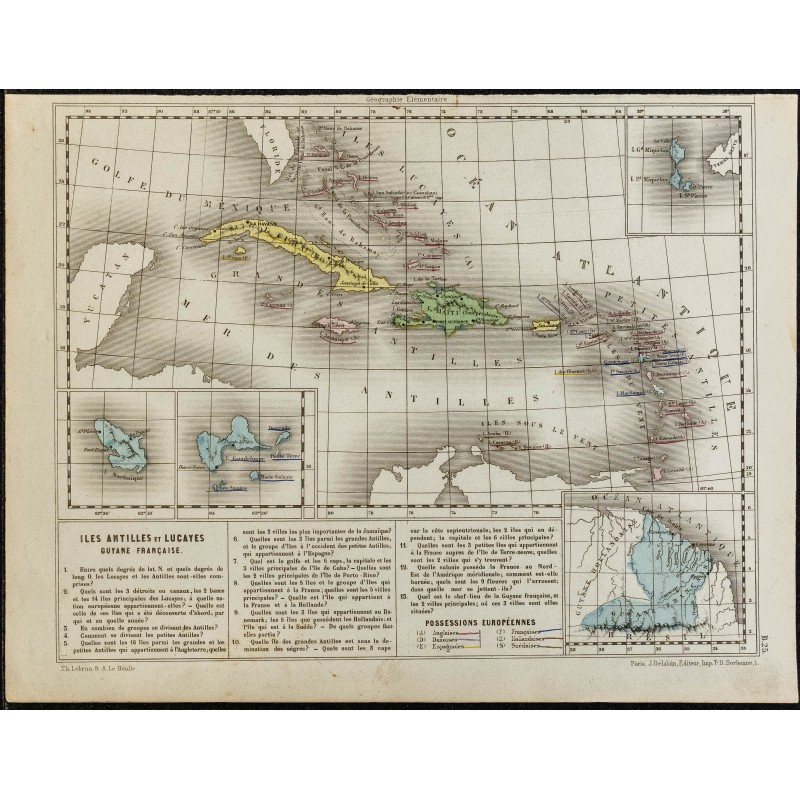 Gravure de 1860ca - Carte des Antilles et de la Guyane française - 1 Gravure de 1860ca - Carte des Antilles et de la Guyane française - 1