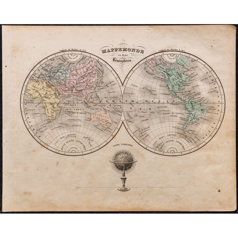 1860 - Carte du monde en deux hémisphères 