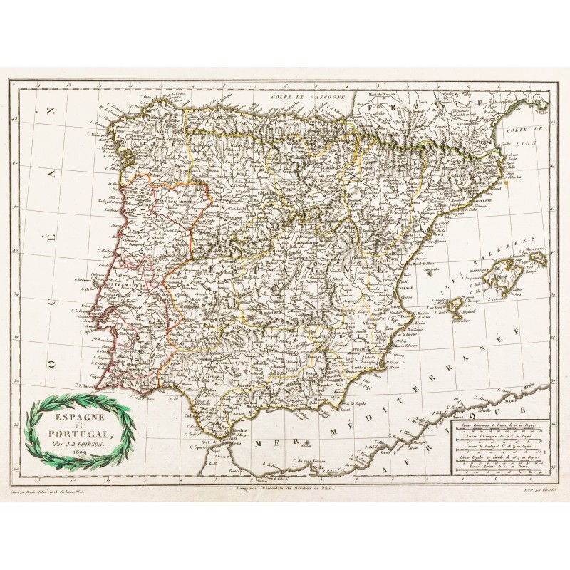 Gravure de 1809 - Carte de l'Espagne et du Portugal - 1