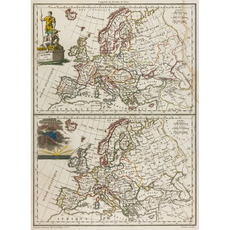 Gravure de 1812 - Europe sous Charles Quint et en 1789 - 1
