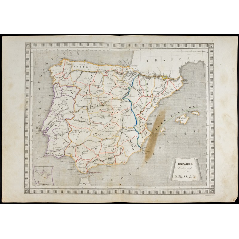 Gravure de 1840/50 - Carte de l'Espagne - 1